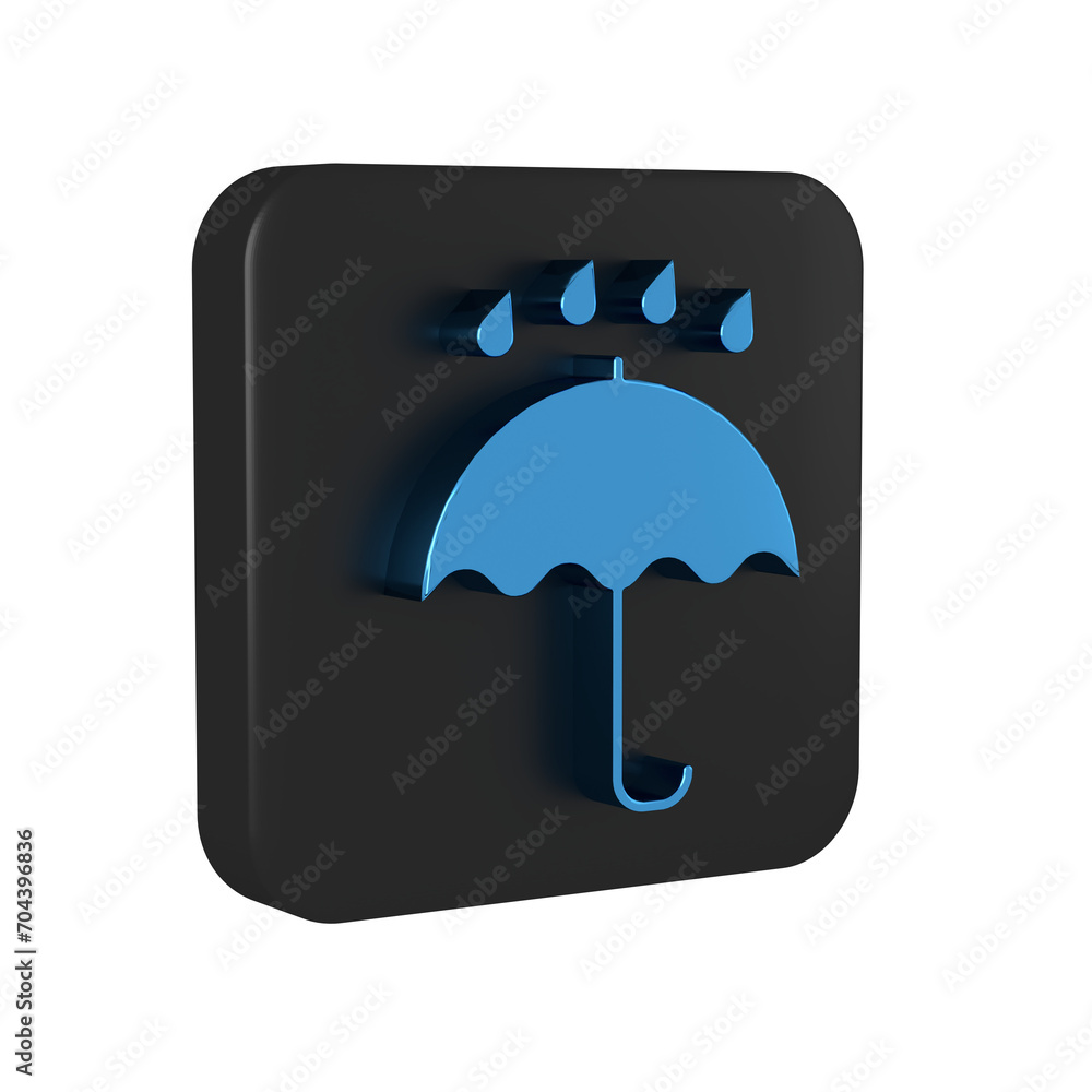 Blue Umbrella and rain drops icon isolated on transparent background. Waterproof icon. Protection, safety, security concept. Water resistant symbol. Black square button. Blue Umbrella and rain drops icon isolated on transparent background. Waterproof icon. Protection, safety, security concept. Water resistant symbol. Black square button.