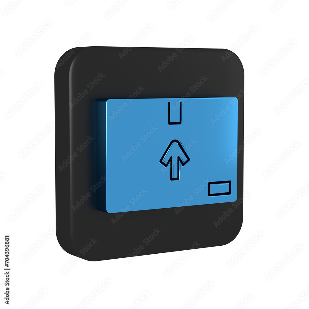 Blue Cardboard box with traffic symbol icon isolated on transparent background. Box, package, parcel sign. Delivery, transportation and shipping. Black square button. Blue Cardboard box with traffic symbol icon isolated on transparent background. Box, package, parcel sign. Delivery, transportation and shipping. Black square button.