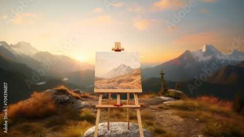 An easel stands with a painting that mirrors the surrounding mountainous landscape during a vibrant sunset.