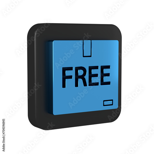 Blue Cardboard box with free symbol icon isolated on transparent background. Box, package, parcel sign. Delivery, transportation and shipping. Black square button.