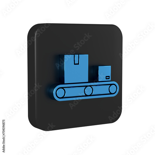 Blue Conveyor belt with cardboard box icon isolated on transparent background. Black square button.