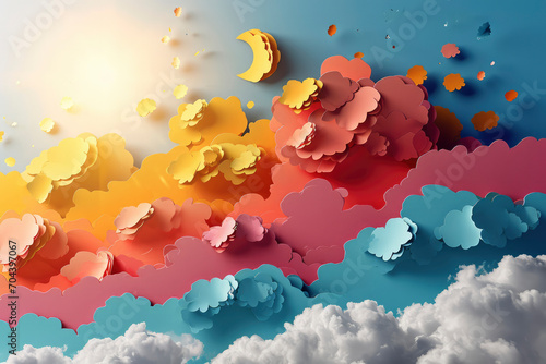 colorful paper cut weather clear and sunset cloud blue sky