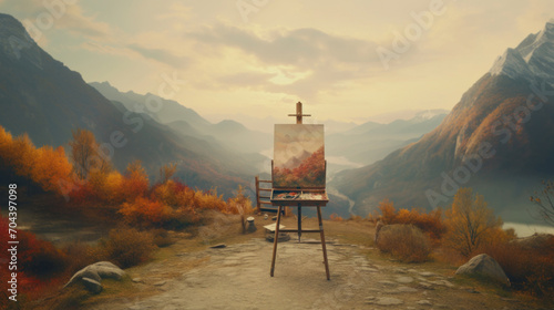 A canvas on an easel captures the autumnal beauty of a mountain scene with a lake, bathed in golden hour light.