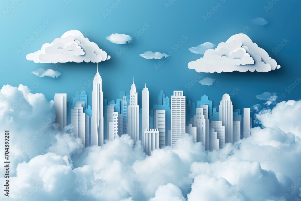 a paper cut of a city with skyscrapers and clouds in the sky, with a blue background