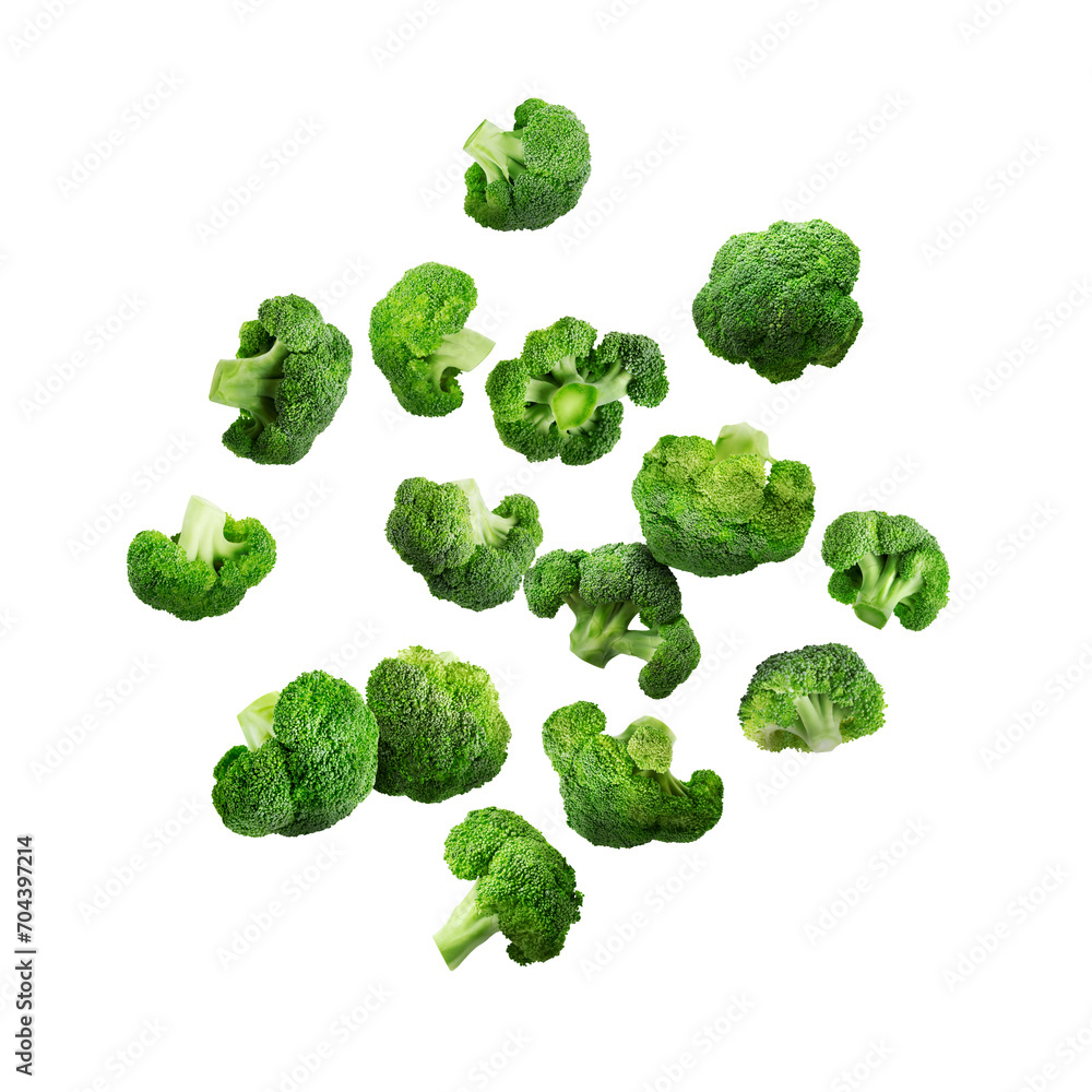 Fresh green broccoli falling on white background Fresh green broccoli falling on white background