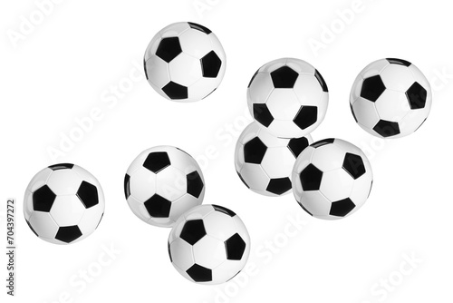 Many soccer balls flying on white background