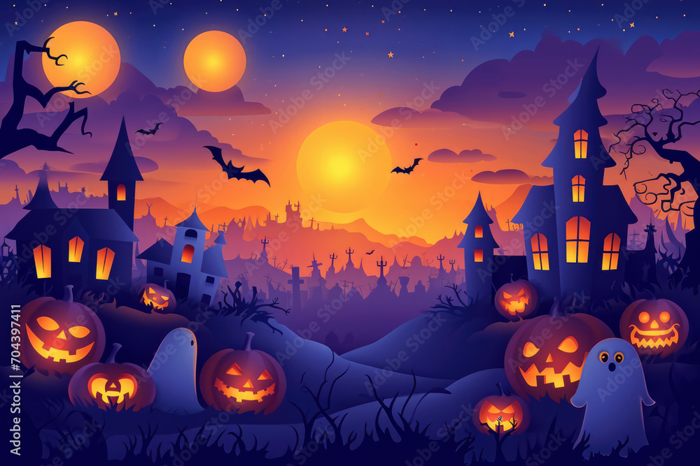 Wallpaper with Halloween-themed background featuring children, pumpkins,