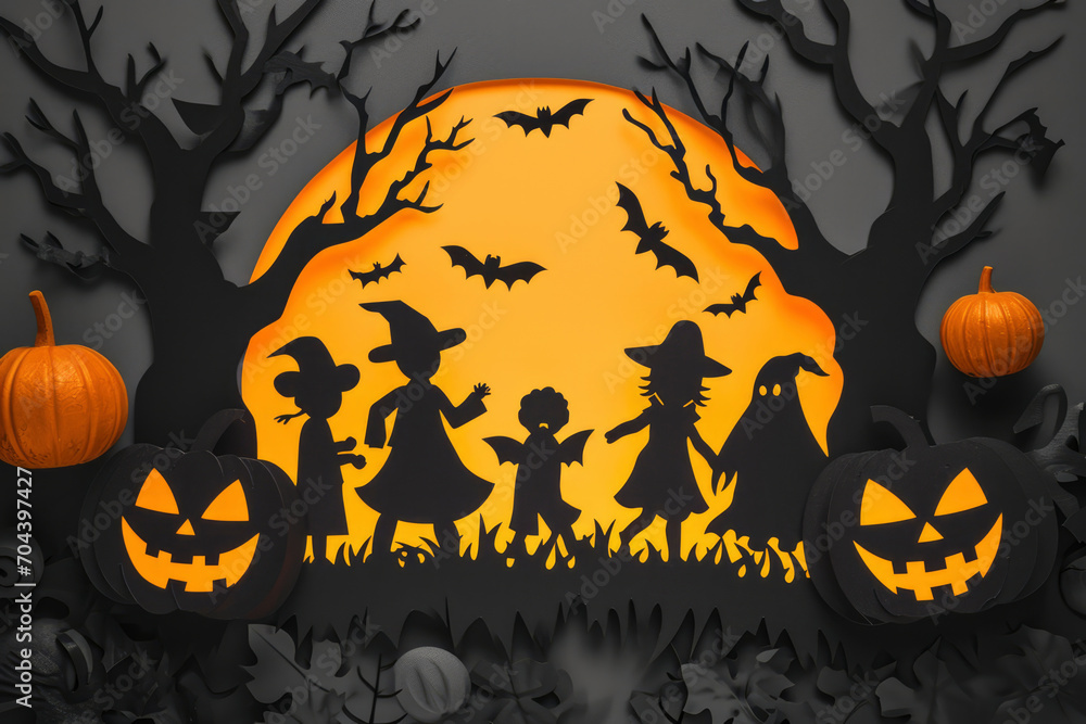 Wallpaper with Halloween-themed background featuring children, pumpkins, Wallpaper with Halloween-themed background featuring children, pumpkins,