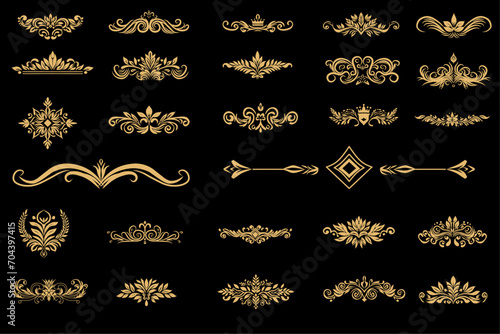 Art deco vector elements dividers or headers. Decorative line borders or frames in geometric victorian style, elegant vintage design, antique bordering symbols isolated on black background,