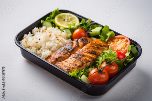 Lunch box container with grilled salmon fish fillet, rice, tomato and salad on white table