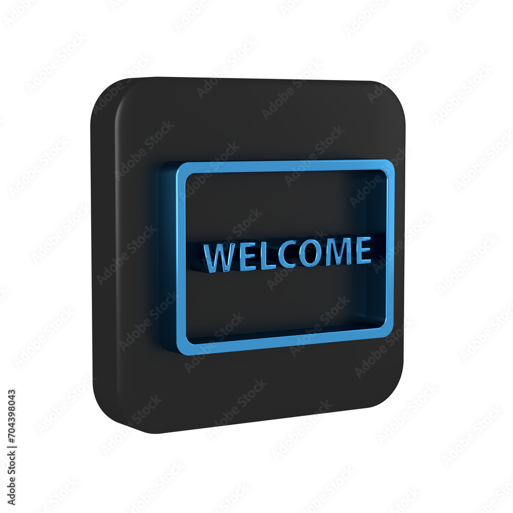 Blue Doormat with the text Welcome icon isolated on transparent background. Welcome mat sign. Black square button. Blue Doormat with the text Welcome icon isolated on transparent background. Welcome mat sign. Black square button.
