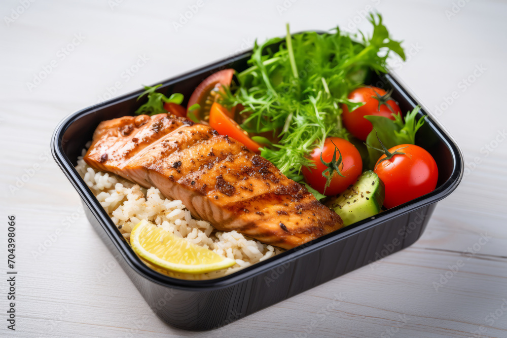 Lunch box container with grilled salmon fish fillet, rice, tomato and salad on white wooden table Lunch box container with grilled salmon fish fillet, rice, tomato and salad on white wooden table