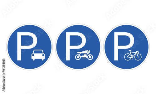 Printable bundle set round sign blue simple parking sign for car, motorcycle, bike and bicycle