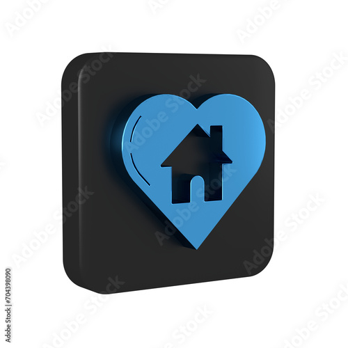 Blue House with heart shape icon isolated on transparent background. Love home symbol. Family, real estate and realty. Black square button.