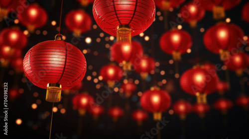 Traditional red Chinese lanterns hanging against a dark background with glowing bokeh, festive and cultural decor. photo