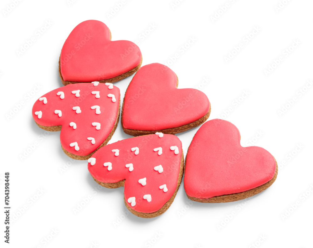 Red sweet heart shaped cookies on white background Red sweet heart shaped cookies on white background