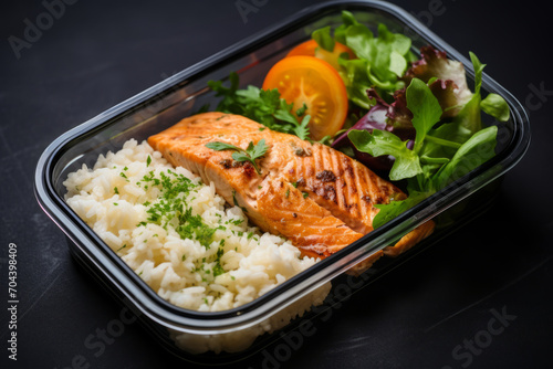 Lunch box container with grilled salmon fish fillet, rice, tomato and salad on black table
