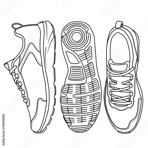 Vector Illustration Men's Running Shoe hand drawn line art collection, doodle vector sketch illustration, top, bottom and side view, suitable for your sport shoes, isolated on white background