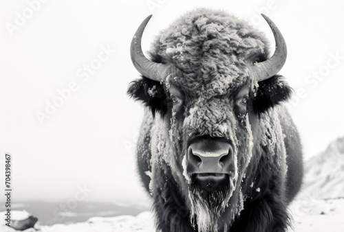 Majestic Buffalo Standing in Snow Near Mountain