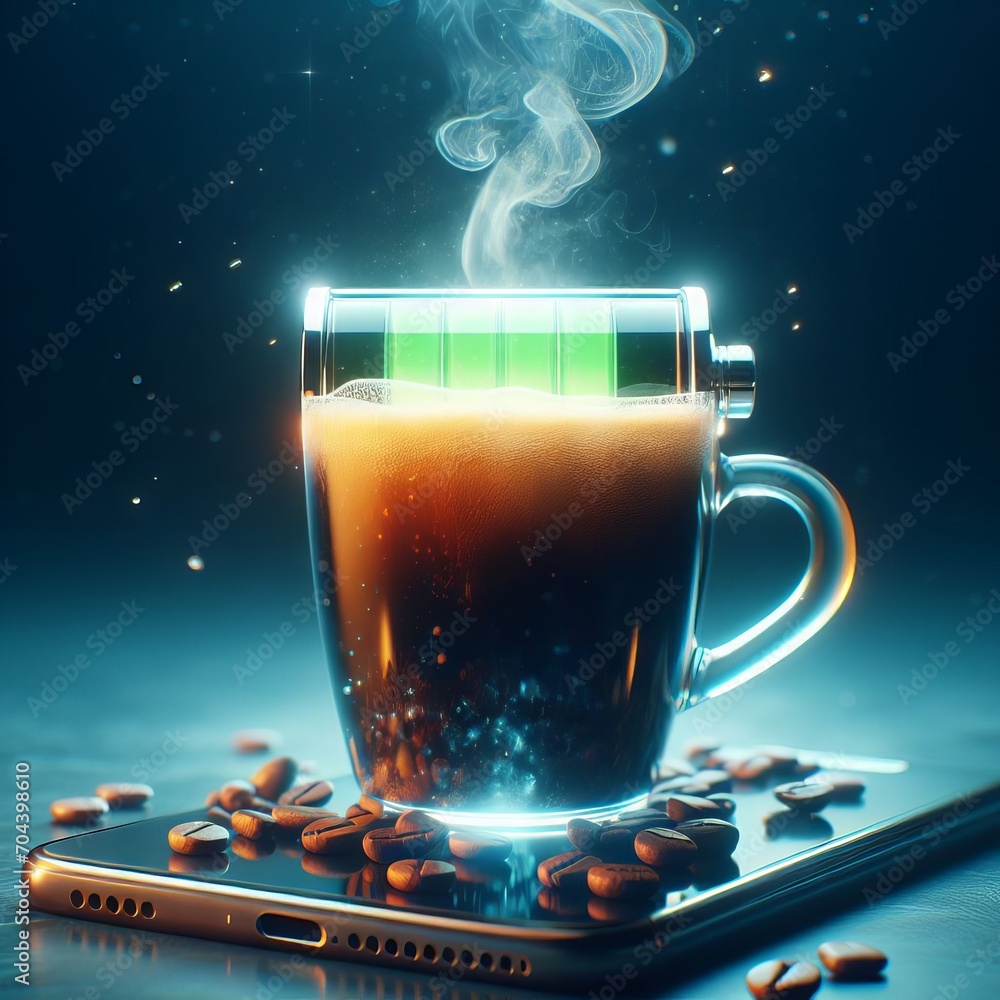 hot coffee with a faint steam. An image of the battery status bar ...