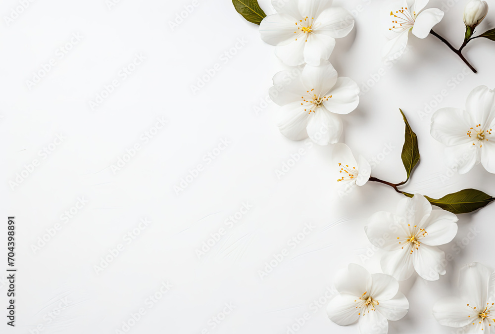 White Flowers With Green Leaves on a White Background White Flowers With Green Leaves on a White Background