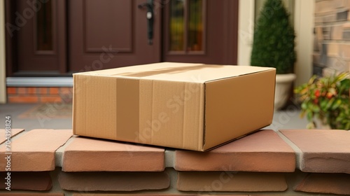 Home delivery. delivering brown cardboard box to front door. shopping online