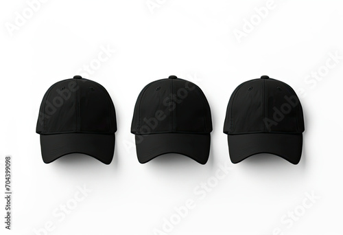 Three Black Baseball Caps Lined Up Against a White Wall