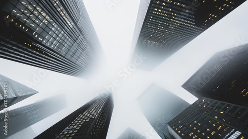 Minimalistic dark skyscrapers go skyward and disappear into the clouds. View from below, tall buildings in fog, monochrome cityscape.