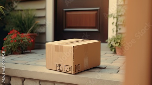 Home delivery. delivering brown cardboard box to front door. shopping online