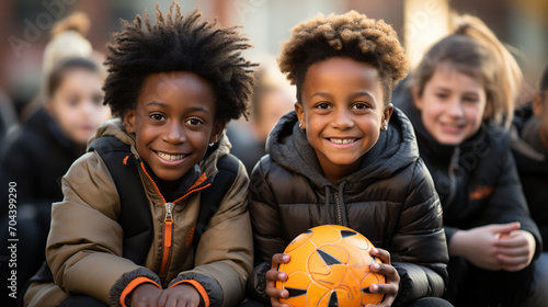Multiracial group of friends with soccer ball outdoors. Boys for playing ball. Primary level students in sports classes. Schoolmates. Children in their school yard during playtime.
