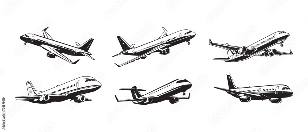 Airplane in silhouette collection. Vector illustration.