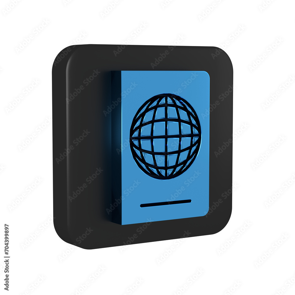 Blue Passport with biometric data icon isolated on transparent background. Identification Document. Black square button. Blue Passport with biometric data icon isolated on transparent background. Identification Document. Black square button.