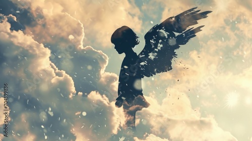 silhouette of Child with wings in double exposure of clouds 