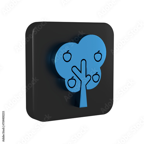 Blue Tree with apple icon isolated on transparent background. Agricultural plant. Organic farm product. Gardening theme. Black square button. photo