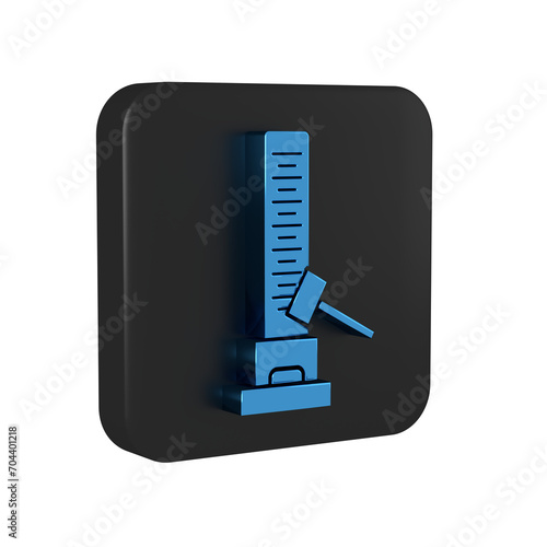 Blue High striker attraction with big hammer icon isolated on transparent background. Attraction for measuring strength. Amusement park. Black square button.