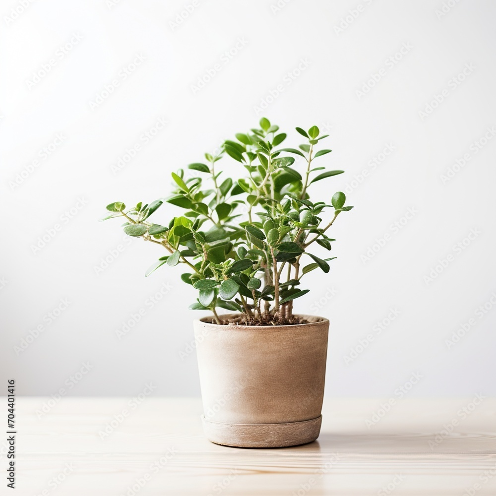 A small potted plant sits on a wooden table against a white background,