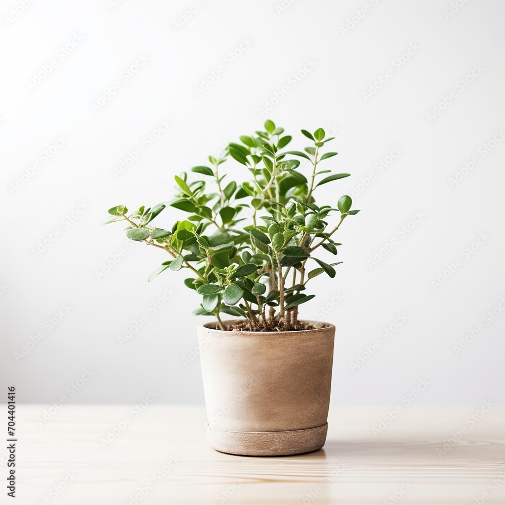 A small potted plant sits on a wooden table against a white background, A small potted plant sits on a wooden table against a white background,
