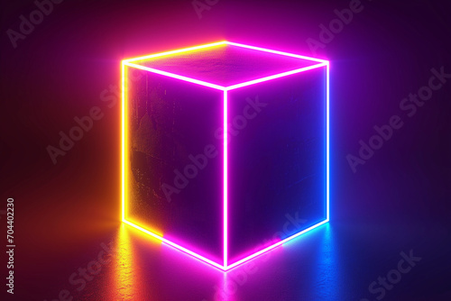 Neon cube, stage light, glowing led square cube. Background for awards ceremony. Stage. Pink blue purple sparkling neon star, led lines. Backdrop for displaying products.
