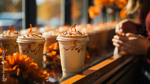 Glasses of an orange pumpkin spice latte with a big layer of milk foam and cinnamon sprinkles on a wooden table surrounded by pumkin puree, whole pumpkins and autumn decoration, horizontal photo