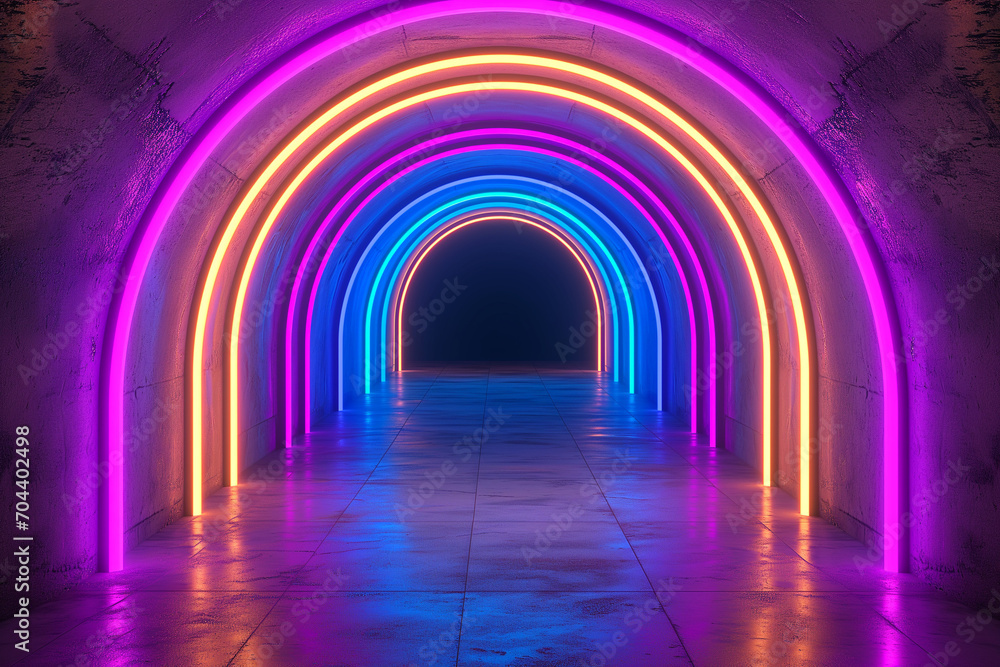 A neon dark stage showcases an empty room with neon tunnel and a dark blue, pink, and yellow background: dance floor or  product display in a studio. A backdrop for photo shooting. Banner, copy space.
