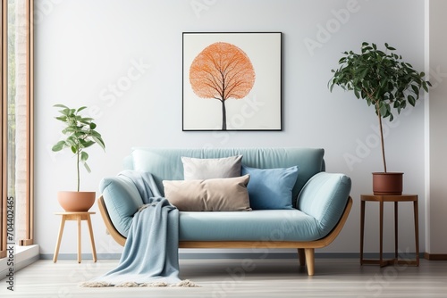 Blue couch with round orange tree art