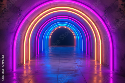 A neon dark stage showcases an empty room with neon tunnel and a dark blue, pink, and yellow background: dance floor or product display in a studio. A backdrop for photo shooting. Banner, copy space.