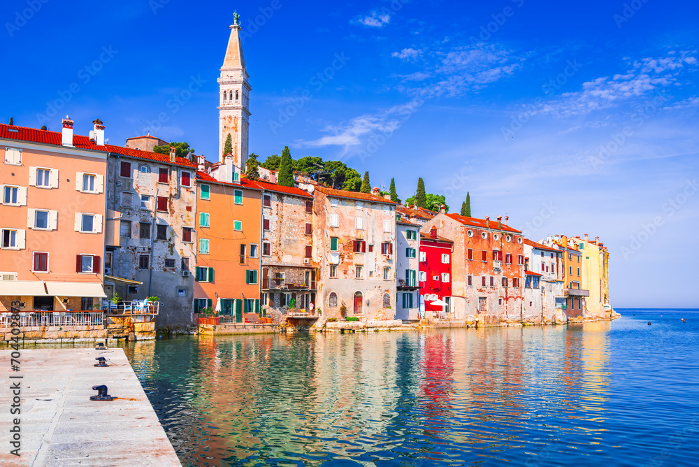 Rovinj, Croatia. Old town harbor, sunny day with blue sky. Adriatic Sea, Istria Peninsula.