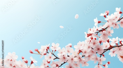 Blooming spring sakura on a blue background with space for a greeting message. The concept of spring and mother's day. Beautiful delicate pink cherry flowers in springtime