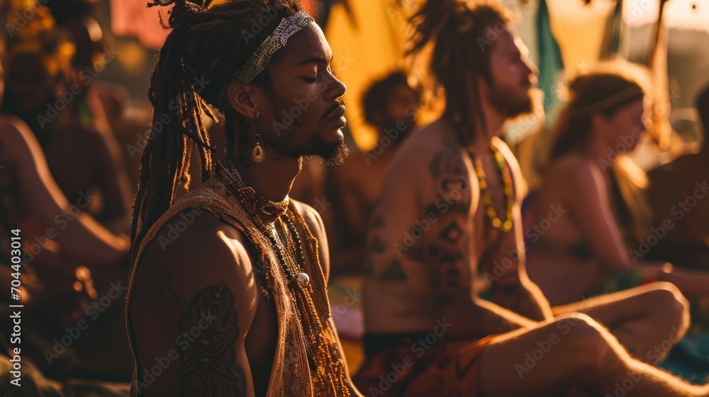 a group meditation session amidst a rave, individuals adorned in hippie clothing and rasta hairstyles during sunrise