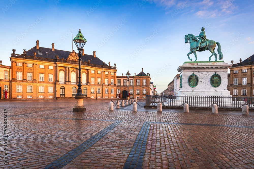 Copenhagen, Denmark. Morning sunrise light in Amalienborg Square.