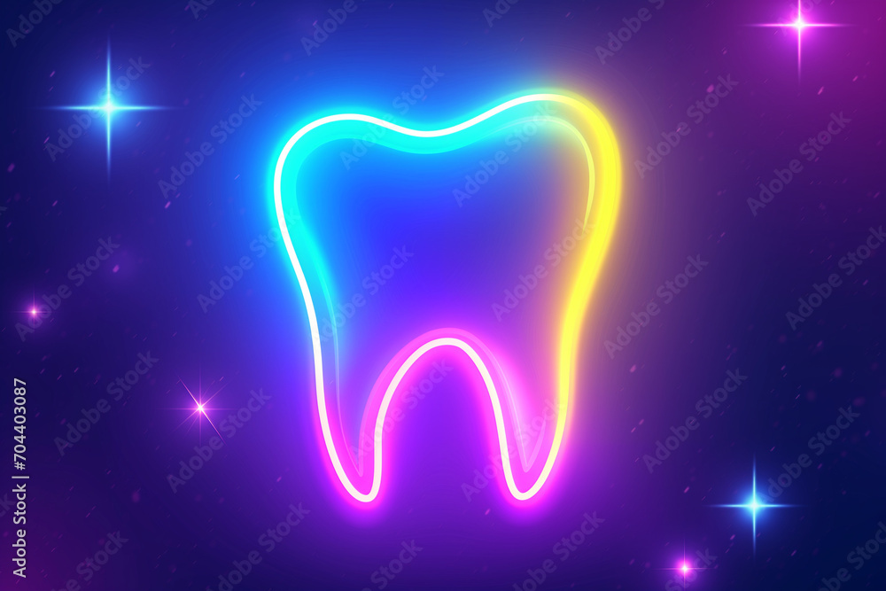 Tooth on a dark blue background. Neon dental icon - 3d render illustration. Glowing tooth icon - pink, blue and yellow. With Copy Space. Tooth on a dark blue background. Neon dental icon - 3d render illustration. Glowing tooth icon - pink, blue and yellow. With Copy Space.