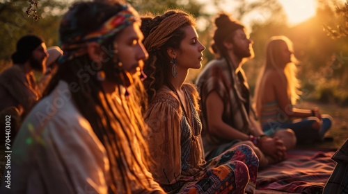 a group meditation session amidst a rave, individuals adorned in hippie clothing and rasta hairstyles during sunrise
