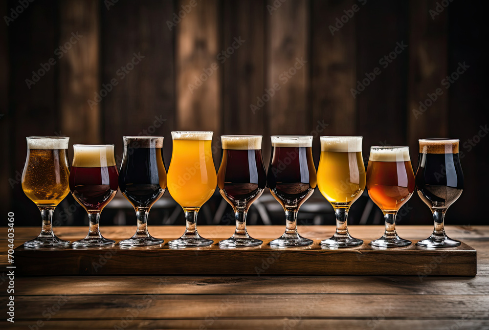 Row of Beer Glasses on Wooden Table Row of Beer Glasses on Wooden Table