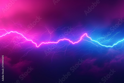 Lightning bolt in the night sky. Neon blue and pink abstract background with copy space.
